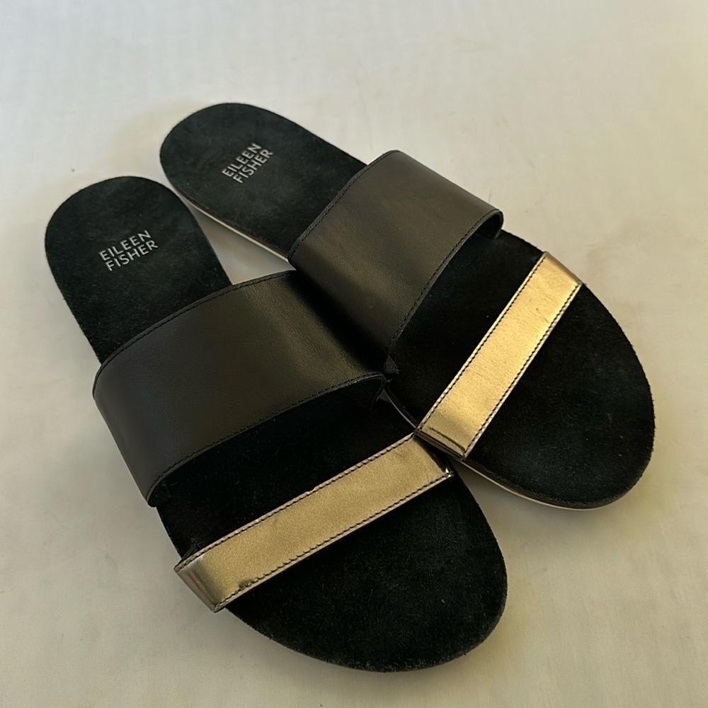 Eileen Fisher Black and Gold Sandals